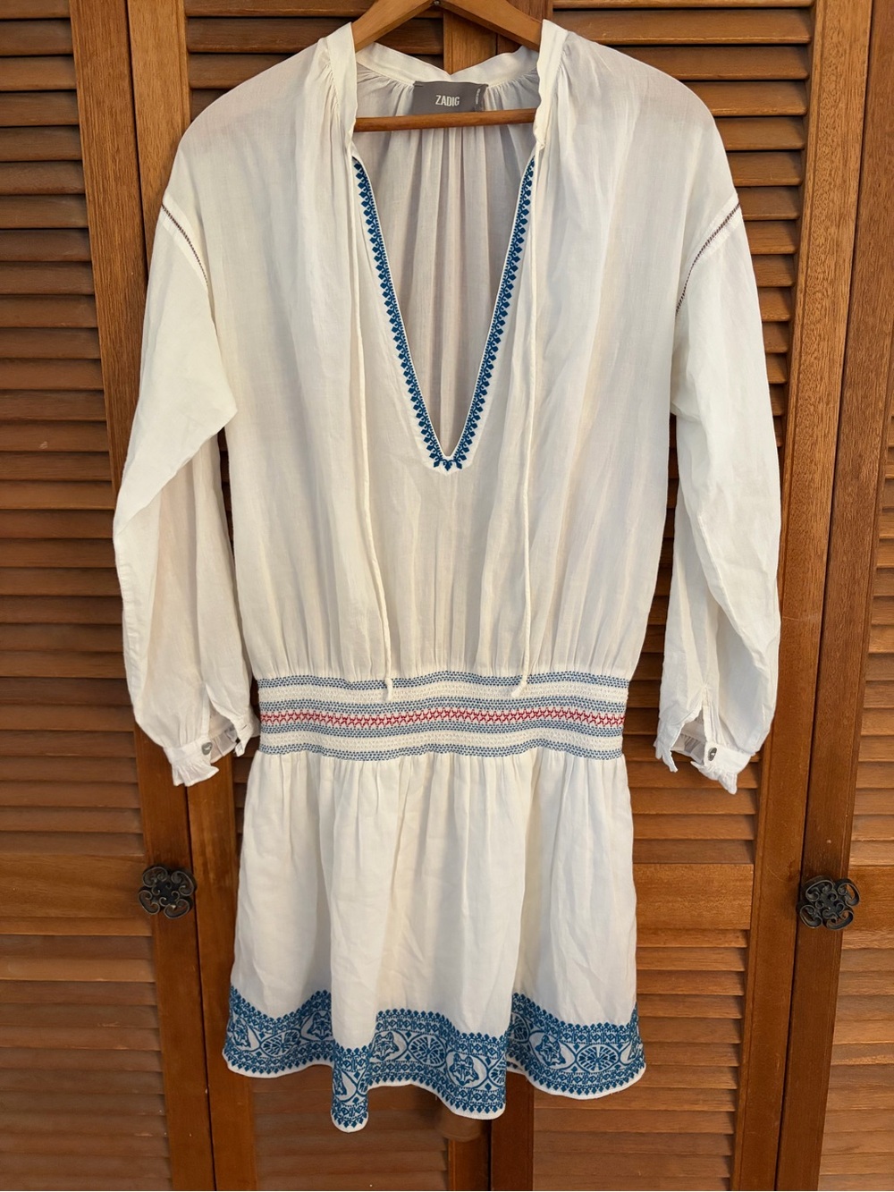 Zadig & Voltaire White Mini Dress with Blue Embroidery cotton size small coastal